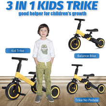 Load image into Gallery viewer, Andzerolief 3 in 1 Kids Trike for Children 1-3 Years Old Kids Tricycle Boys Girls Baby Balance Bike 2 Wheels for Toddlers Tricycle with Removable Pedals (Yellow)