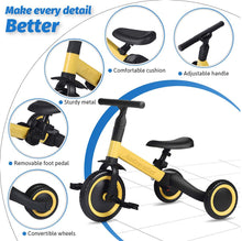 Load image into Gallery viewer, Andzerolief 3 in 1 Kids Trike for Children 1-3 Years Old Kids Tricycle Boys Girls Baby Balance Bike 2 Wheels for Toddlers Tricycle with Removable Pedals (Yellow)