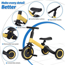 Load image into Gallery viewer, Andzerolief 3 in 1 Kids Trike for Children 1-3 Years Old Kids Tricycle Boys Girls Baby Balance Bike 2 Wheels for Toddlers Tricycle with Removable Pedals (Yellow)
